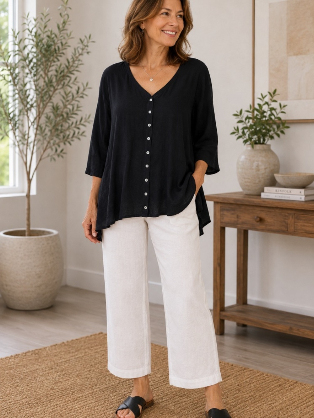 Cut Loose Cardi Black Linen Cotton Slub Knit Button Front Top L Made USA